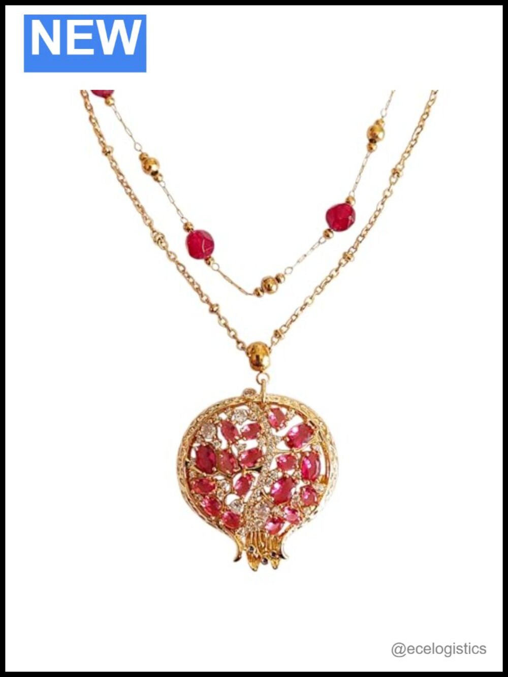Vintage Pomegranate Pendant Necklace Gold Toned Crystal Statement